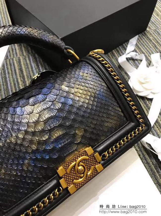 香奈兒CHANEL A94804新款leboy蟒蛇皮金屬邊手提斜挎單肩包黑金蘭 DSC2017